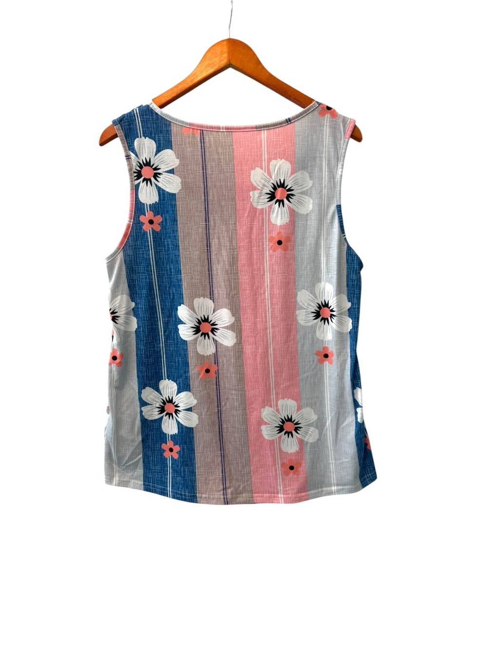 Floral Striped Sleeveless Blouse XL Pink Blue Lightweight Summer Top - Picture 2 of 2